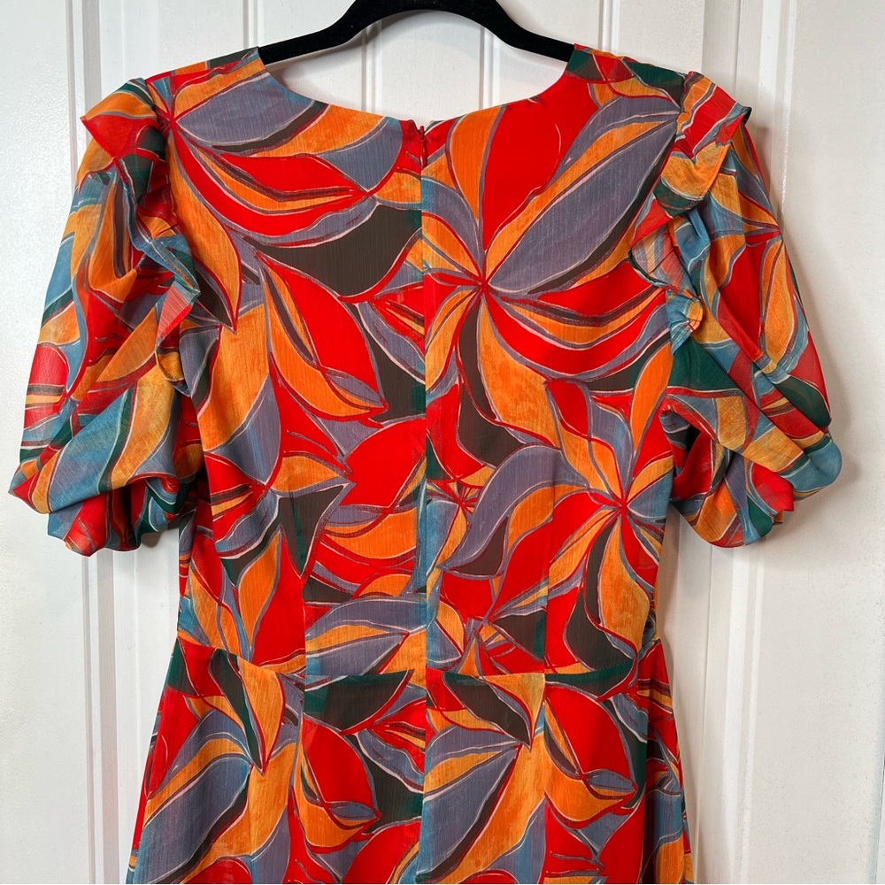 Adelyn Rae Pauline Puff Sleeve Blood Orange Multi Leaf Print Mini Dress. Size M. - Picture 12 of 16